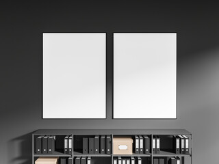 Grey business interior with shelves and documents, mockup frames