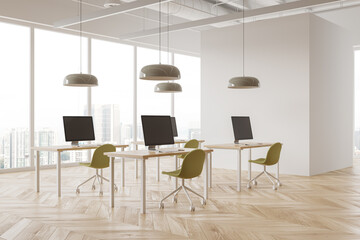 Cozy business interior with coworking space near panoramic window