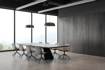 Fototapeta na wymiar Grey business meeting room interior with table and chairs, window. Copy space wall