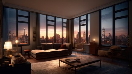 Concept art illustration of apartment living room interior in New York city, Generative AI