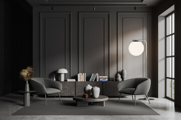 Gray living room interior with armchairs and dresser