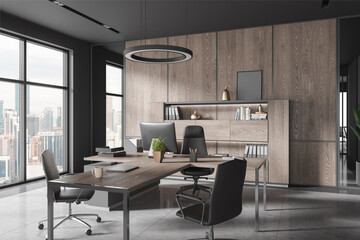 Modern office interior with work desk and armchairs, panoramic window