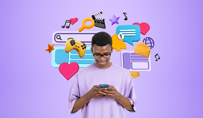 Smiling African man with smartphone, social media and online entertainment icons