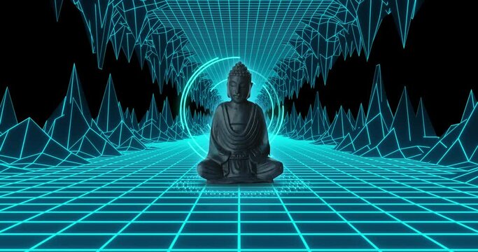 Animation of buddha sculpture over neon tunnel metaverse background