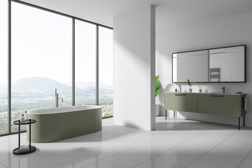 Fototapeta na wymiar Luxury hotel bathroom interior with bathtub and double sink, panoramic window