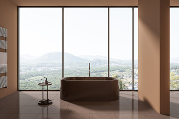 Stylish hotel bathroom interior with bathtub and accessories, panoramic window