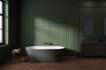 Classic green bathroom interior with bathtub and double sink, window