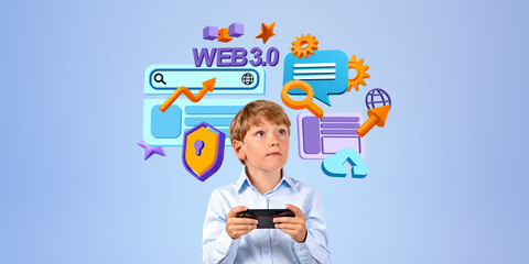School boy using phone, web3 technology icons and internet safety