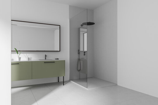 White Bathroom Interior With Shower Stall And Sink