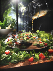 Salad dressing pouring into a bowl with green salad on rustic table with many ingredients: lettuce, avocado, tomatoes at garden background.  Healthy lifestyle. Generative Ai content
