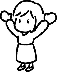 俯瞰の喜ぶ女性のミニデフォルメのシンプルな女性イラスト