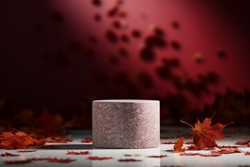 gray stone pedestal podium on natural shadow, leaf falling , burgundy red autumn backdrop. Product promotion Beauty cosmetics display. Studio Minimal concrete showcase stand. created generative ai.