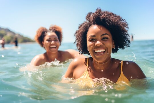 two young smiling African American woman having a bath in the beach, AI generatedAI generated, AI generated