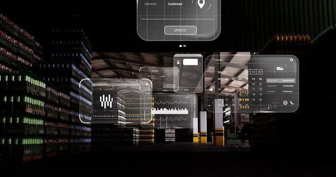 Animation of data processing on screen over warehouse