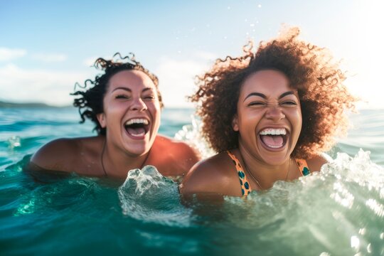 two young smiling African American woman having a bath in the beach, AI generatedAI generated, AI generated