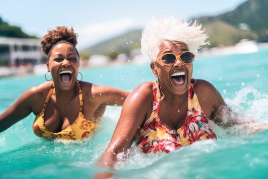 two senior  smiling African American woman having a bath in the beach, AI generatedAI generated, AI generatedAI generated