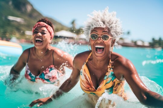 two senior  smiling African American woman having a bath in the beach, AI generatedAI generated, AI generatedAI generated