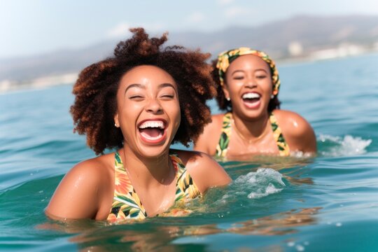 two young smiling African American woman having a bath in the beach, AI generatedAI generated