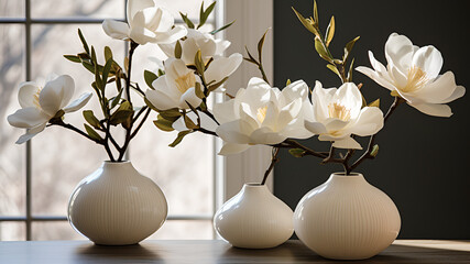 tulips in vase, white flowers, Banner for design