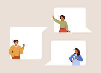 Business People talk or speak via online messages. Man and women chatting via speech bubbles. Web meeting between friends or colleagues. Corporate communication concept. Vector illustration - 626183585