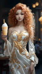 A woman in a white and gold outfit holding a drink