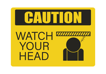 Printable black yellow safety safety sign mind your head, low up ceiling caution, head lowering instruction, drop hazard with illustration man walking with head hit low ceiling
