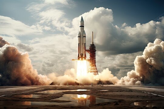 A rocket after its launch, leaving the Earth under clouds.