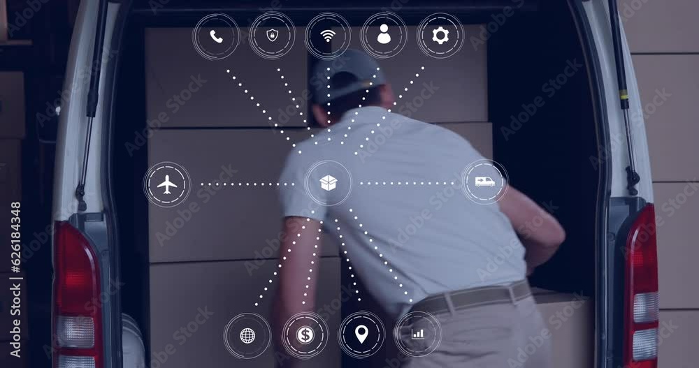 Poster animation of data processing with icons over caucasian delivery man with boxes