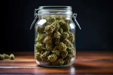 Dry cannabis buds in jar. - obrazy, fototapety, plakaty