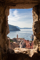 View from Dubrovnik city walls overlooking old town and sea