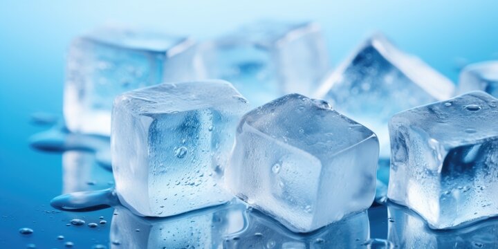 Frozen ice cubes on blue background with copy space.