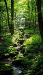 Obraz premium Silent Forest in spring with beautiful bright sun rays. Generative AI