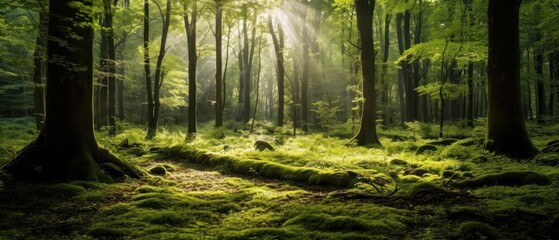 Obraz premium Silent Forest in spring with beautiful bright sun rays. Generative AI