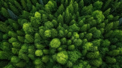 Fototapeta premium Aerial top view of green trees in forest. Pine forest of lush trees. Generative AI