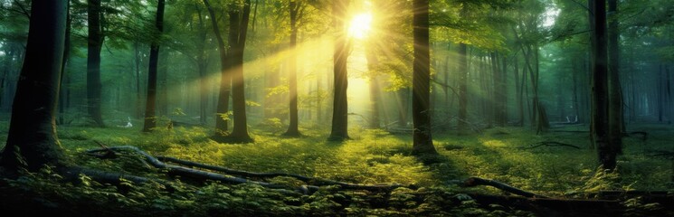 Silent Forest in spring with beautiful bright sun rays. Generative AI