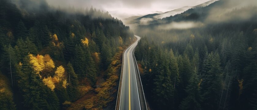 Aerial Top View Of Road And Green Trees In Forest. Pine Forest Of Lush Trees. Generative AI