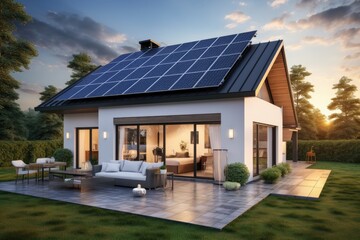 Naklejka premium Smart home with energy efficient appliances and solar panels on the roof.