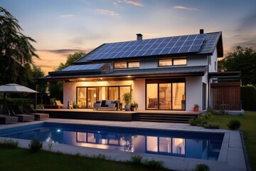 Smart home with energy efficient appliances and solar panels on the roof.
