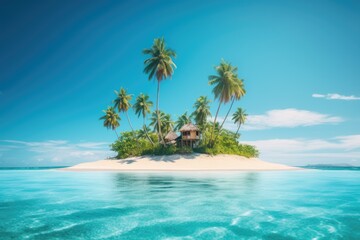 Fototapeta na wymiar Small tropical island with palms and hut surrounded sea blue water. Scenery of tiny island in ocean.