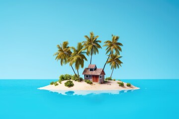 Small tropical island with palms and hut surrounded sea blue water. Scenery of tiny island in ocean.
