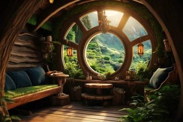 Deurstickers Sprookjesbos Hobbit house interior, inside fantasy wooden hut in forest. Vintage room in fairytale habitation with round window.