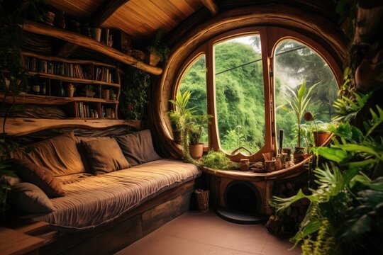 Hobbit house interior, inside fantasy wooden hut in forest. Vintage room in fairytale habitation with round window.