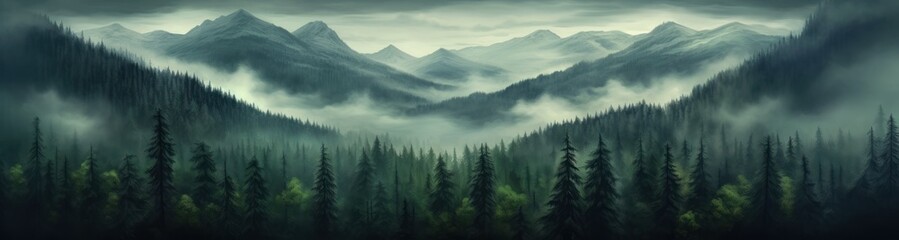 Fototapeta premium Misty mountain landscape. Moody forest landscape with fog and mist. Generative AI