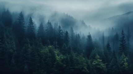 Misty mountain landscape. Moody forest landscape with fog and mist. Generative AI