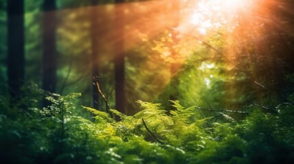 Silent Forest in spring with beautiful bright sun rays. Generative AI