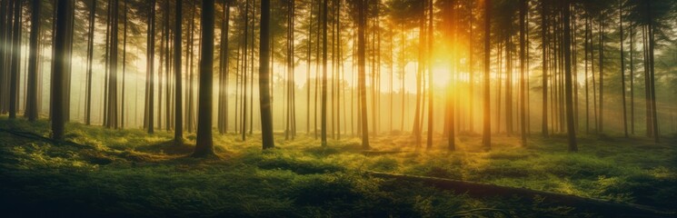 Obraz premium Silent Forest in spring with beautiful bright sun rays. Generative AI