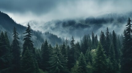 Misty mountain landscape. Moody forest landscape with fog and mist. Generative AI