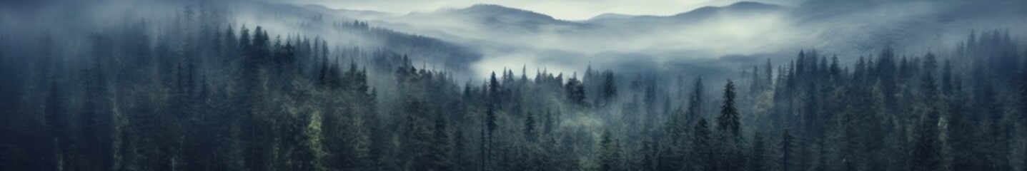 Misty mountain landscape. Moody forest landscape with fog and mist. Generative AI