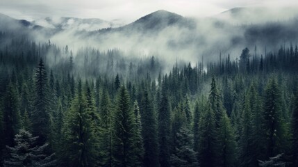 Misty mountain landscape. Moody forest landscape with fog and mist. Generative AI