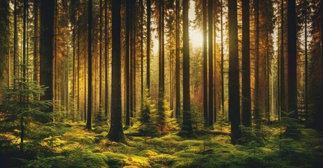 Fototapeta na wymiar Silent Forest in spring with beautiful bright sun rays. Generative AI